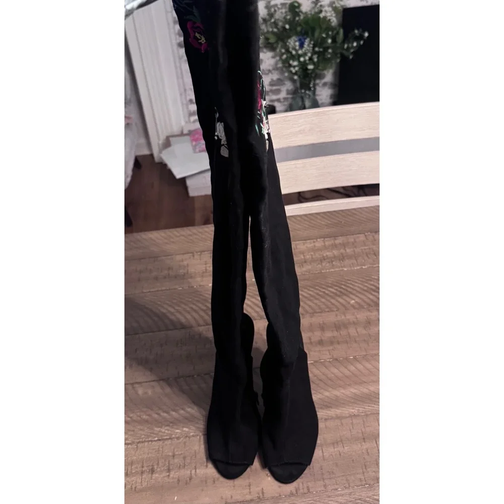 Qupid Black Floral Embroidered Over The Knee Boots Heel Stiletto Suede Size6.5-7
